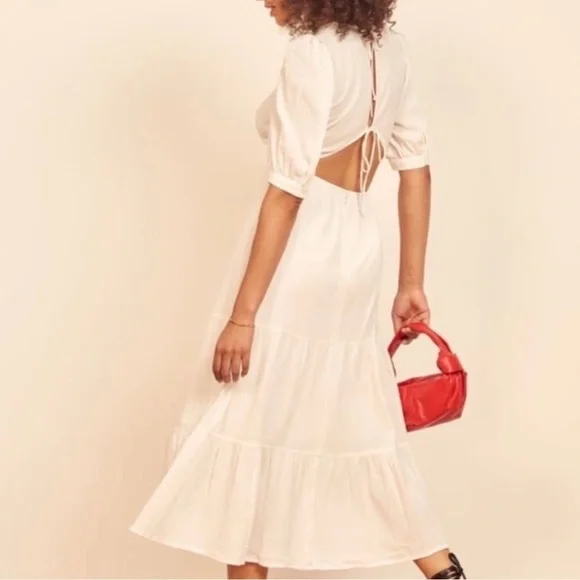 Reformation Chicago Dress White Tiered Maxi Midi Open Back Tie 1/2 Sleeve 0/XS - Picture 2 of 12